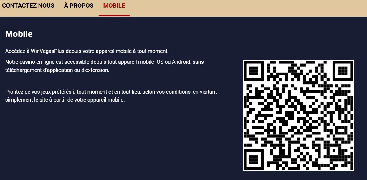Page mobile de Vegas Plus présentant l'accès au casino sur iOS et Android sans téléchargement d'application et un code QR